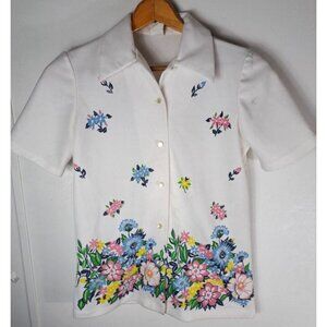 Vintage Womens Button Down Top 1960s White Polyester Knit Flowers Pastel M